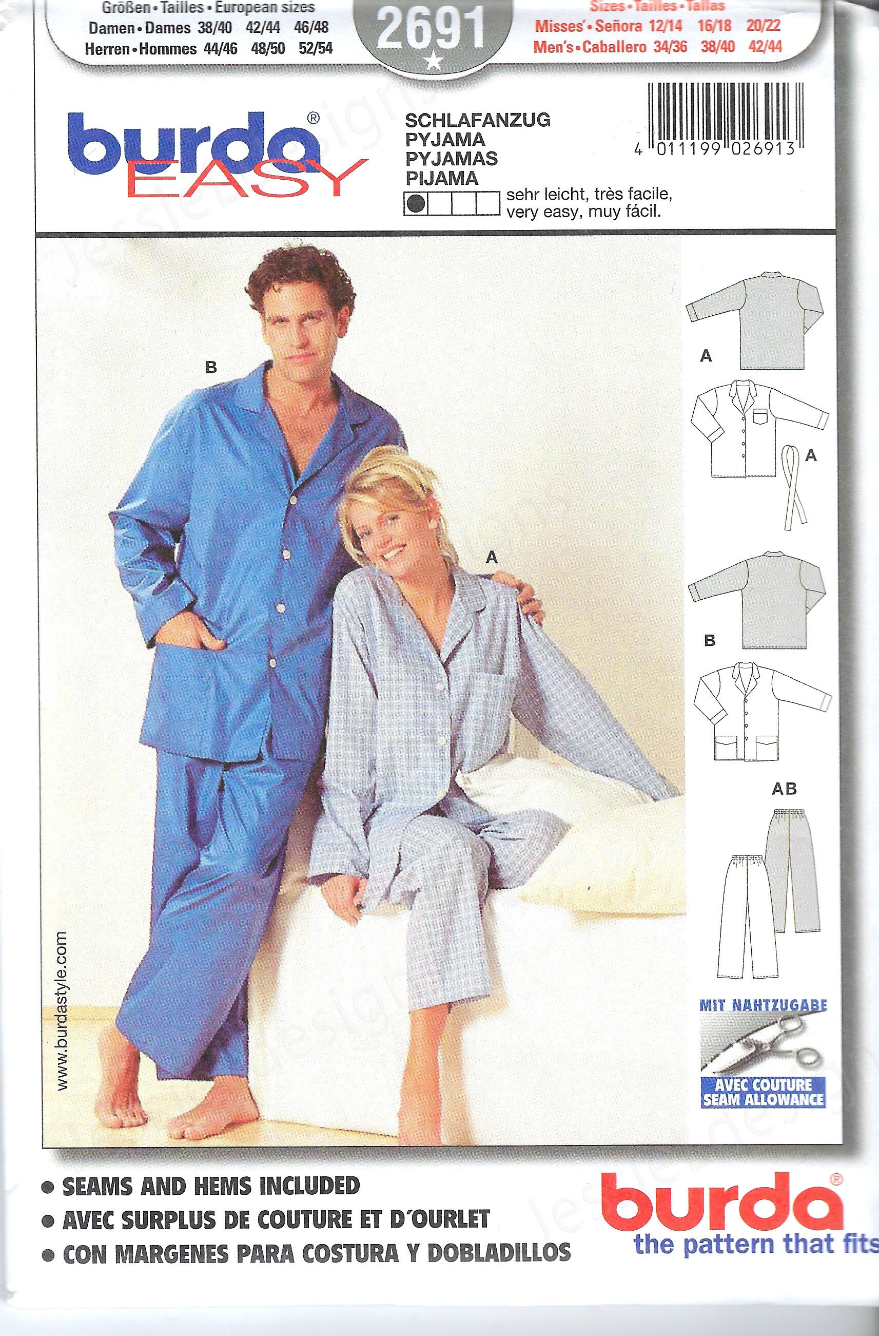 カットされていないBurda縫製パターン2691パジャマ、トップパンツ