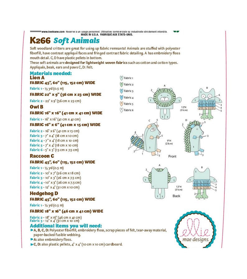 Uncut Stuffed Animals, Kwik Sew Pattern 266, K266, Ellie Mae Designs ...