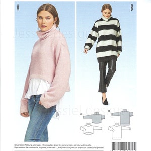 May include: A sewing pattern for a pullover and tunic. The pattern features two designs: a pink turtleneck sweater and a black and white striped tunic. The pattern includes sizes EUR 32-44 and US 6-18.