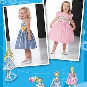 May include: Simplicity sewing pattern number 2430, inspired by Project Runway, for making a girl's dress. The pattern shows two girls wearing different styles of dresses. One dress is blue with white polka dots and a yellow flower accent. The other dress is pink with white trim and a green ribbon.