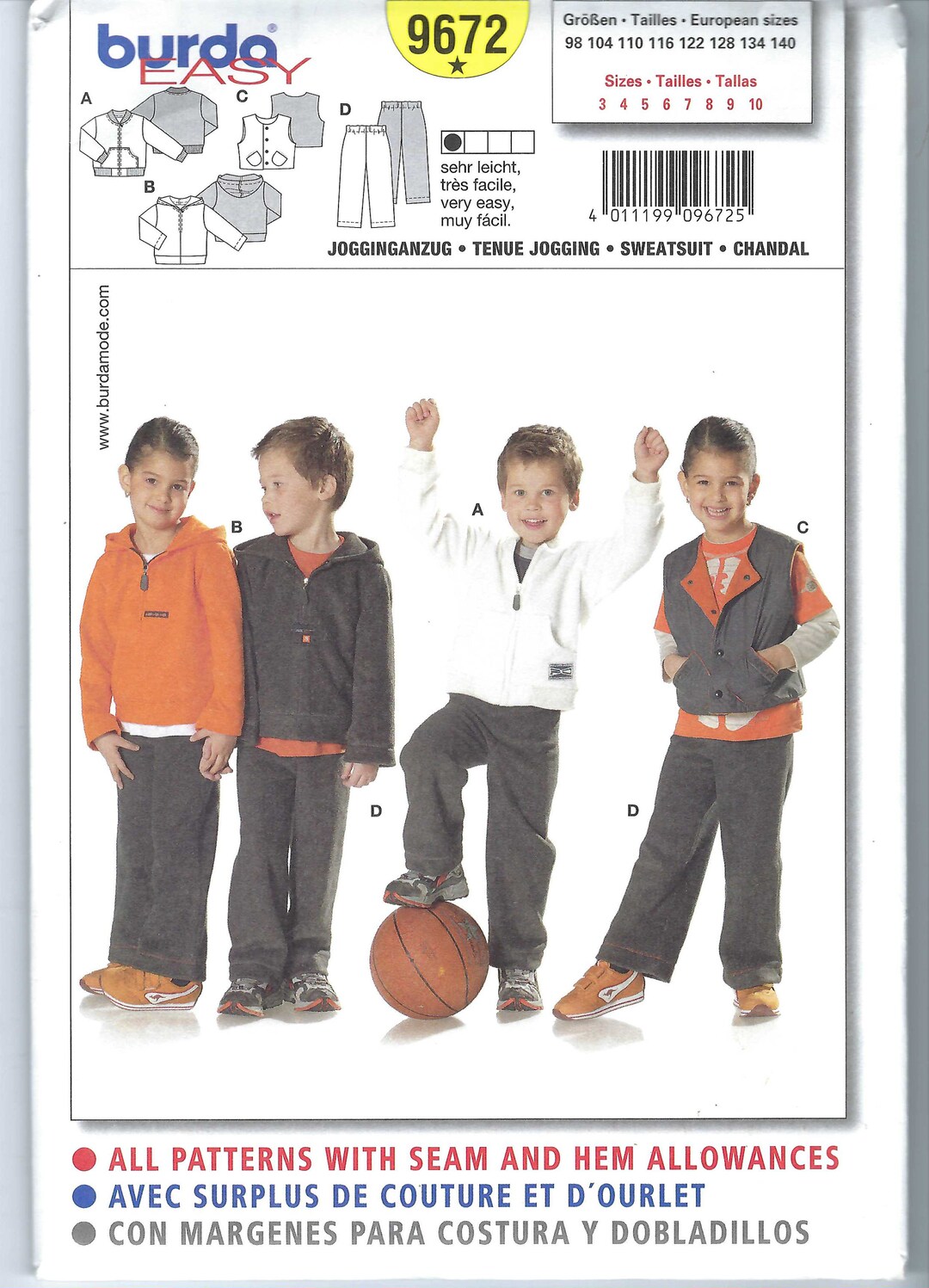 Uncut Burda Sewing Pattern 9672 Boys 4 Designs Sweatsuit, Hoodie, Vest ...
