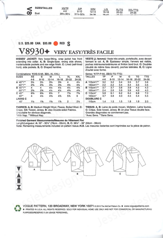 Uncut Vogue Sewing Pattern Wrap Jacket / Coat - Vogue 8930