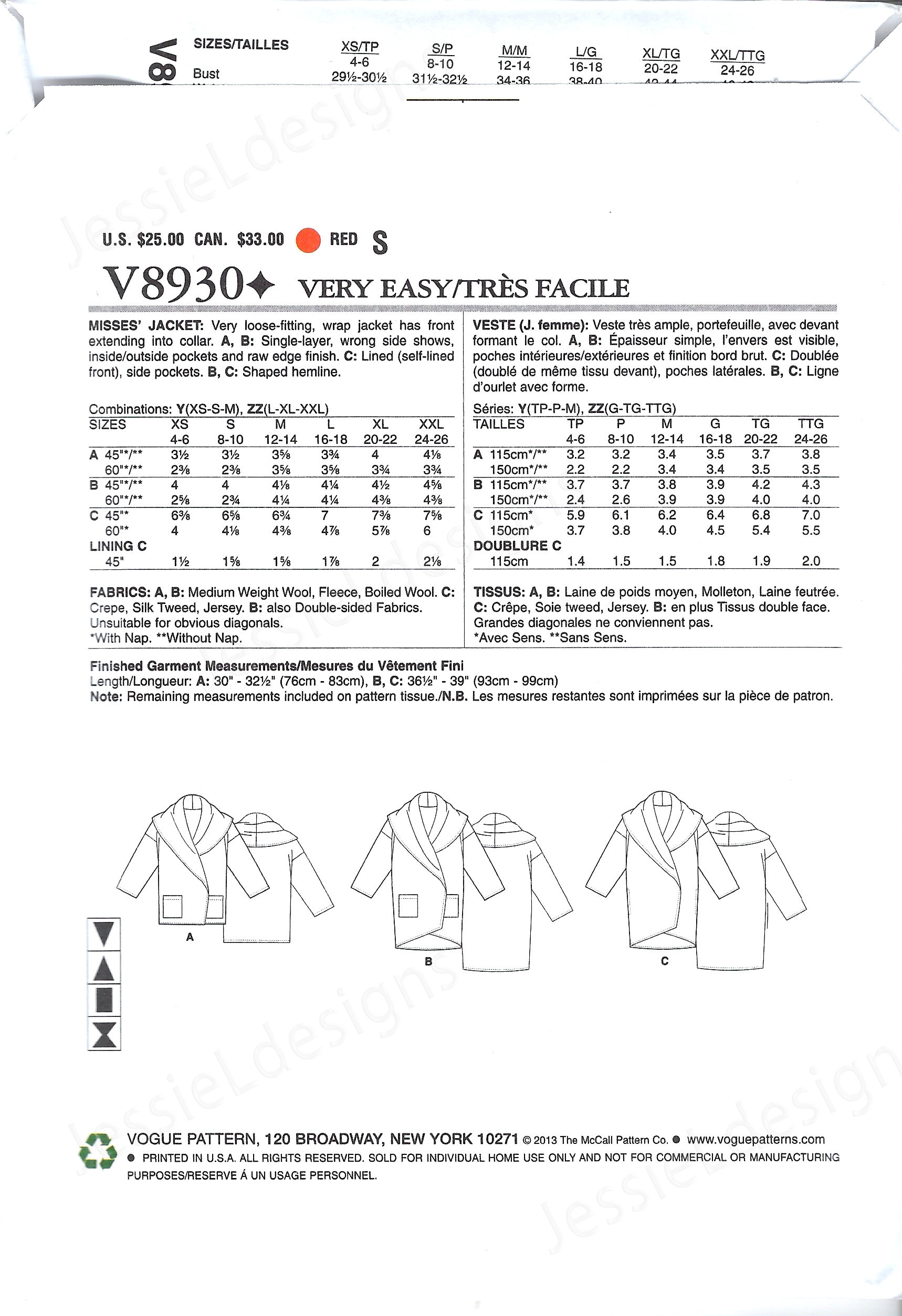 Uncut Vogue Sewing Pattern Wrap Jacket / Coat - Vogue 8930