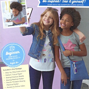 May include: Two girls are taking a selfie. The girl on the left is wearing a blue denim jacket, a white t-shirt with colorful eyes and the words "Hello Other" printed on it, and blue jeans. The girl on the right is wearing a gray t-shirt with a pink star, blue jeans, and a blue bag. The background is a light purple color. The text "Be inspired! Sew it yourself! Learn with the Handwork Studio Method" is printed at the top of the image.