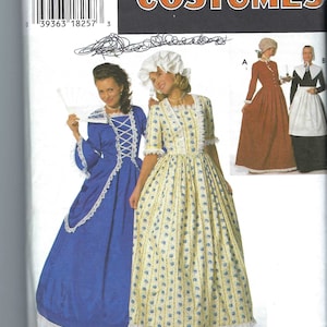 Puede incluir: Patrón de costura Simplicity Costumes número 9713 para las tallas 10, 12 y 14. El patrón incluye tres trajes diferentes: un vestido colonial azul, un vestido colonial floral amarillo y un vestido colonial rojo. El patrón también incluye un delantal blanco y una cofia blanca.