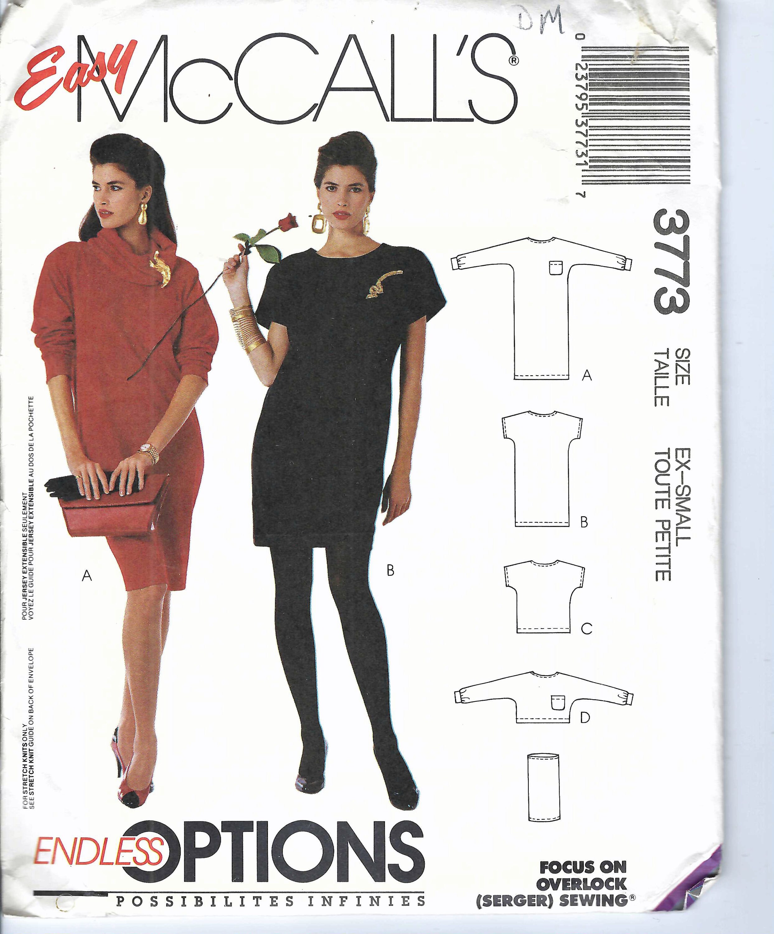 Uncut vintage mccalls sewing pattern Misses' Dress, Top and Cowl For Stretch Knits Only, McCalls 3773  Size XSmall 6-8 FF