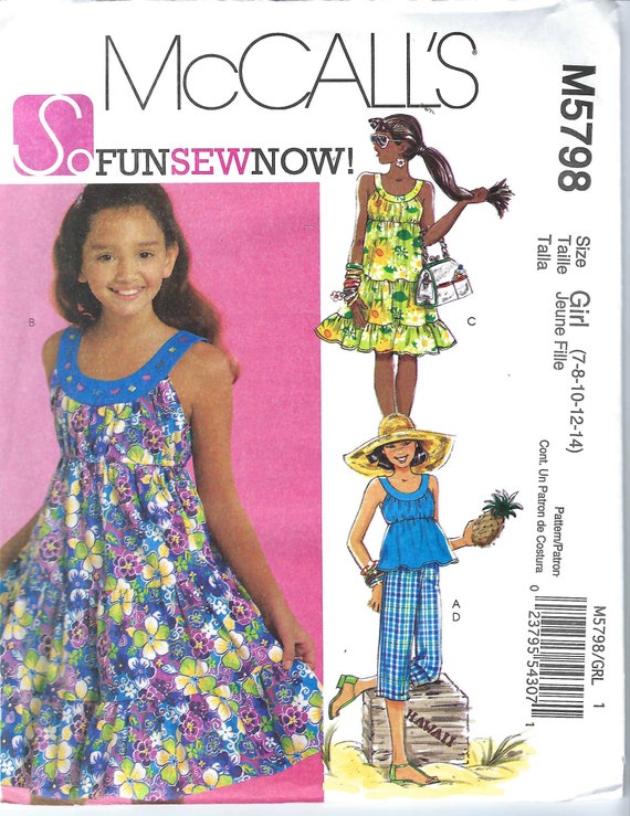 Uncut Mccalls sewing pattern 5798 Summer Tiered Sundress Dress Top Cropped  Pants Capri Girls Size 7-14 10 1/2-16 1/2 Factory Folded