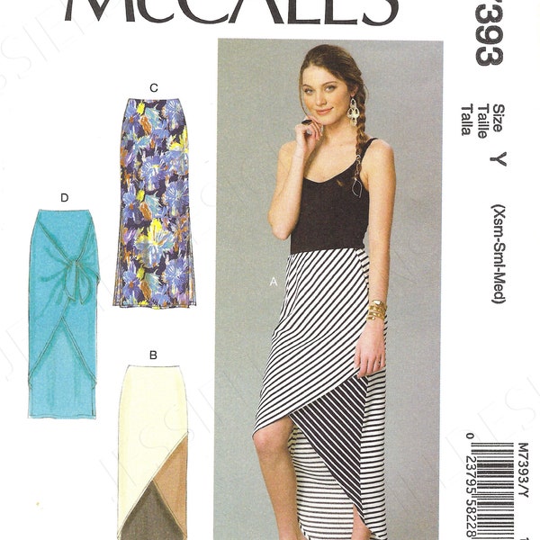 Uncut McCalls Sewing Pattern 224 7393 Stretch Knit Skirts Hi Lo Hem Sarong Tie Side Slits Misses Size Xsm-Med or Lrg-Xxl Factory Folded