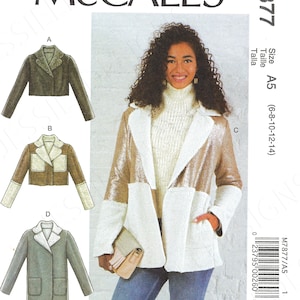 May include: A sewing pattern for a jacket with four different variations. The pattern is for sizes 6-8-10-12-14. The jacket is shown in a brown, green, and white color scheme.