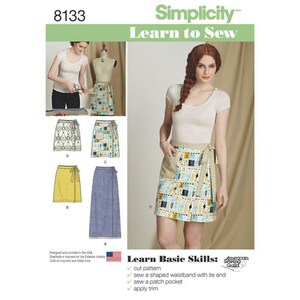 May include: Simplicity Learn to Sew sewing pattern number 8133 for a wrap skirt with a patch pocket. The pattern includes instructions for cutting, sewing a waistband with a tie end, sewing a patch pocket, and applying trim. The pattern is designed and printed in the USA.