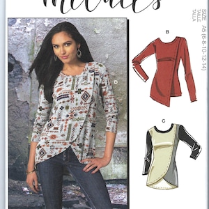 May include: Sewing pattern for a women's top with a wrap design. The pattern includes three different views: a grey and brown patterned top, a red top, and a black and cream top. The pattern is for sizes 6-8-10-12-14. The pattern is designed and printed in the USA. #HaleyMcCalls