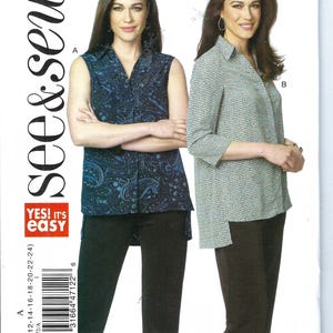 Op de afbeelding: Een naaipatroon voor twee tops, een zonder mouwen en een met lange mouwen. De top zonder mouwen heeft een paisley-print in tinten blauw en zwart. De top met lange mouwen heeft een geometrische print in tinten groen, blauw en wit. Het patroon is gemarkeerd met "B6472" en "see&sew".