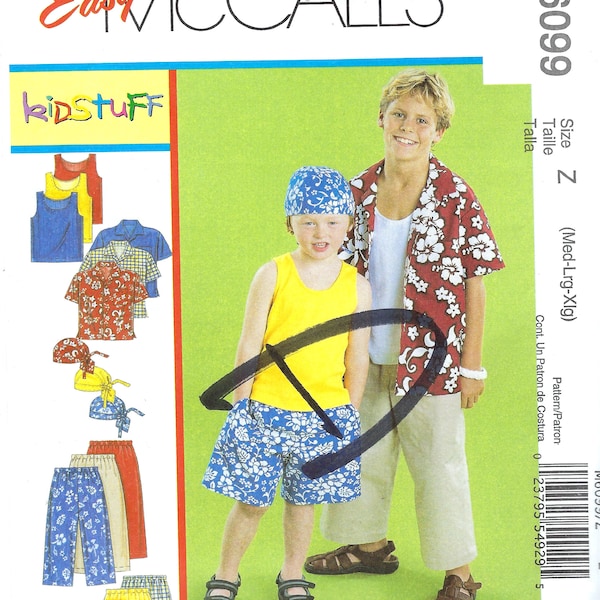 Uncut McCall's sewing pattern 6099 Size Xs-s M-L-XL Boys Shirt, Tank Top, Pull On Cropped Pants, PUll On Shorts and Headwrap FF