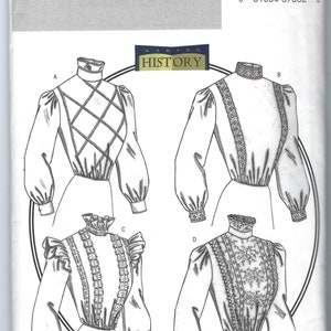 May include: A black and white sewing pattern for a blouse with four different styles. The pattern is for sizes 18, 20, and 22. The pattern is from Butterick and is part of their "Making History" collection.