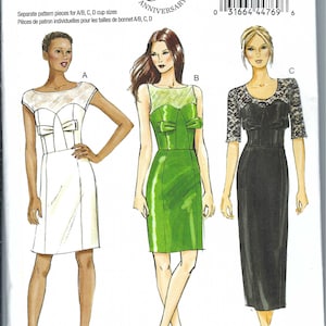 Pode incluir: Padrão de costura Butterick B5853 com três modelos de vestidos. O padrão mostra ilustrações de um vestido branco, verde e preto. O padrão é para tamanhos 16-18-20-22-24. O padrão celebra o 150º aniversário.