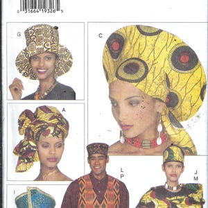 May include: A Butterick pattern featuring various headwear designs, including a wide-brimmed hat, head wraps, and a patterned vest. The designs showcase vibrant colors and patterns, with the text "ONE SIZE" and the pattern number visible.