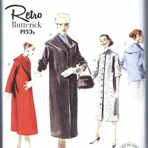 May include: Vintage sewing pattern for four different coats, labelled A, B, C, and D. The pattern is from Butterick and is for sizes 6-8-10-12-14. The pattern is called "Retro Butterick 1950s".