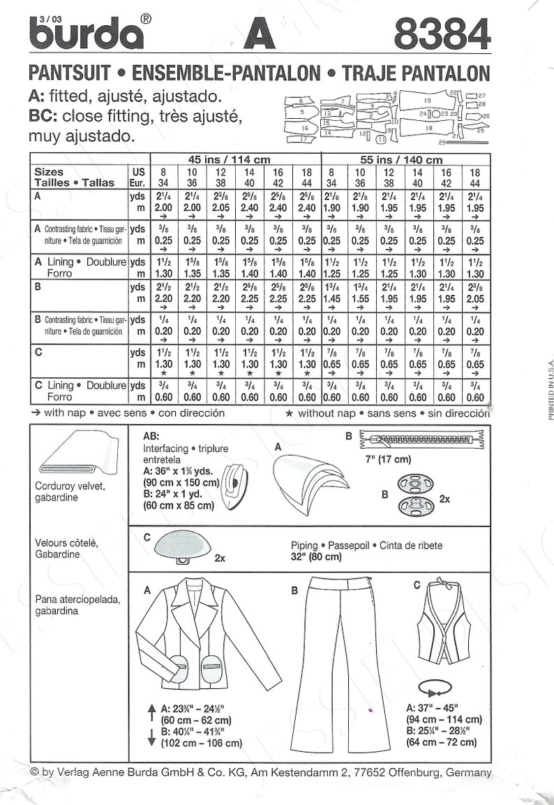 Uncut Burda sewing pattern 8384 Jacket and pants size 8-10-12-14-16-18 FF