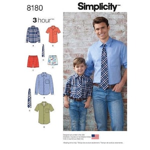 May include: A sewing pattern for a shirt and shorts set for a father and son. The pattern includes a blue and white plaid shirt, a solid blue shirt, a solid green shirt, a red pair of shorts, and a pair of shorts with a blue and white pattern. The pattern is from Simplicity and is labeled 8180.