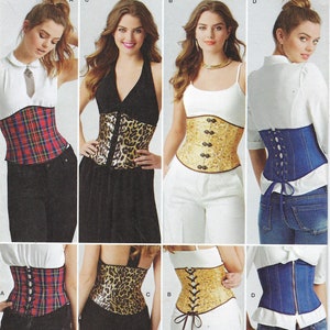 May include: A sewing pattern for a corset with different fabric options. The pattern includes a plaid, leopard print, gold, and denim corset. The pattern is for sizes US 14-22, Euro 40-48, and French 42-50. The pattern is designed and printed in the USA.