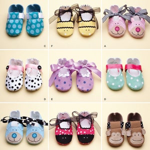 May include: A sewing pattern for baby shoes with various designs, including polka dots, animal faces, and stripes. The pattern is called "Simplicity 2491" and is part of the "Precious Patterns" collection.