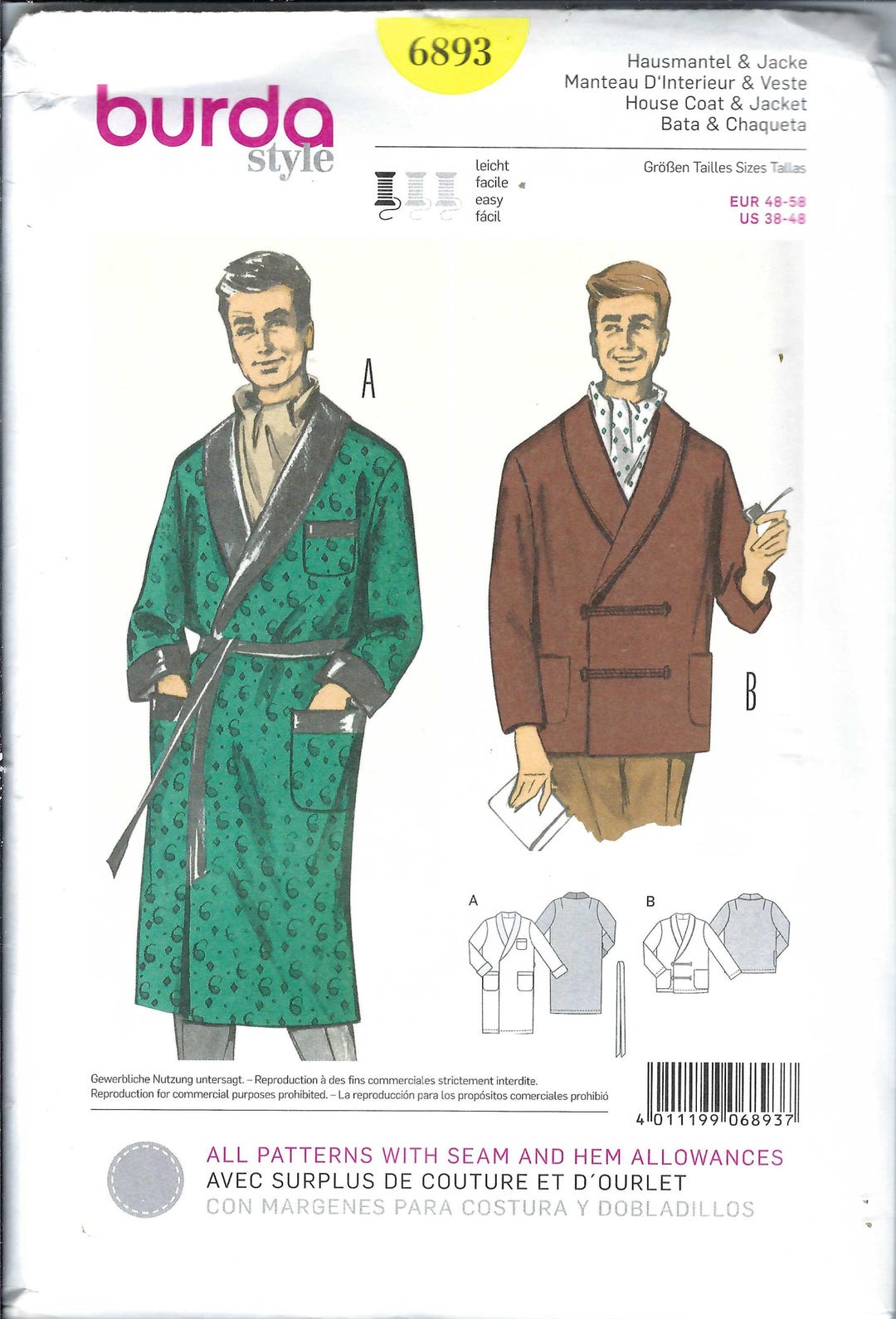 Uncut Burda Sewing Pattern 6893 Mens Robe and Smoking Jacket Sewing ...