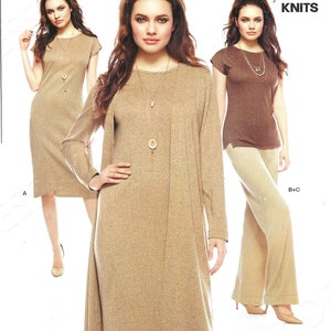 May include: A sewing pattern for a knit dress and pants. The pattern is for sizes 10-22, 38-50, and 36-48. The pattern is called "Easy Just for Knits" and is from New Look.