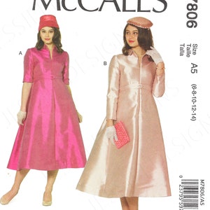 May include: McCall's sewing pattern M7806, size A5 (6-8-10-12-14), for a dress with a fitted bodice and a full skirt. The pattern includes two variations: a pink dress with a pink hat and a beige dress with a beige hat. The Archive Collection, Circa 1958.
