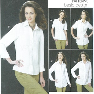 May include: Vogue Patterns sewing pattern for a basic design shirt with long or short sleeves. The pattern includes five different views, labeled A, B, C, D, and E. The pattern is for sizes 14-16-18-20-22 and is a custom fit for A, B, C, and D cup sizes.
