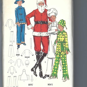 May include: A sewing pattern for a Santa Claus, chef, and jester costume. The pattern includes instructions for sizes 7 to 12 for boys and 38 to 44 for men. The pattern is from Butterick, the fashion one.