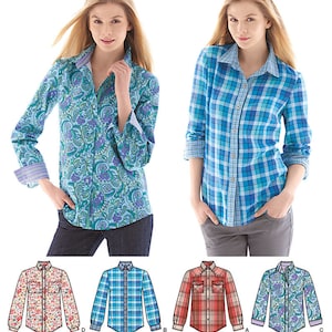 May include: Simplicity pattern 1538 features women's button-down shirts. The shirts have long sleeves and are shown in paisley, plaid, and floral prints. The pattern includes multiple shirt variations. The Simplicity logo is in the upper right corner.