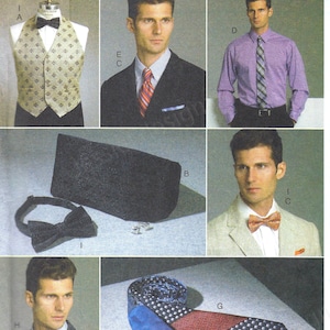 May include: A sewing pattern for a men's suit, vest, bow tie, and tie. The pattern includes instructions for making a black suit jacket, a white dress shirt, a black bow tie, a black and gold vest, and a blue and red patterned tie. The pattern is from Vogue Patterns.
