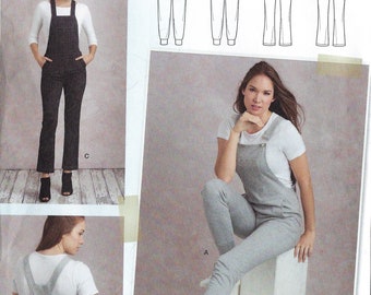 May include: A sewing pattern for a knit overall, Simplicity pattern number S8855, size US 6-14, Euro 32-40, French 34-42. The pattern includes four different styles of overalls, with variations in the leg and waistband.
