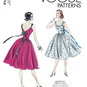 May include: A vintage Vogue sewing pattern for a dress, featuring two illustrations of women wearing the dress. The dress has a fitted bodice and a full skirt. The pattern is for sizes 8-10-12-14-16. The pattern is a reissue from circa 1954.