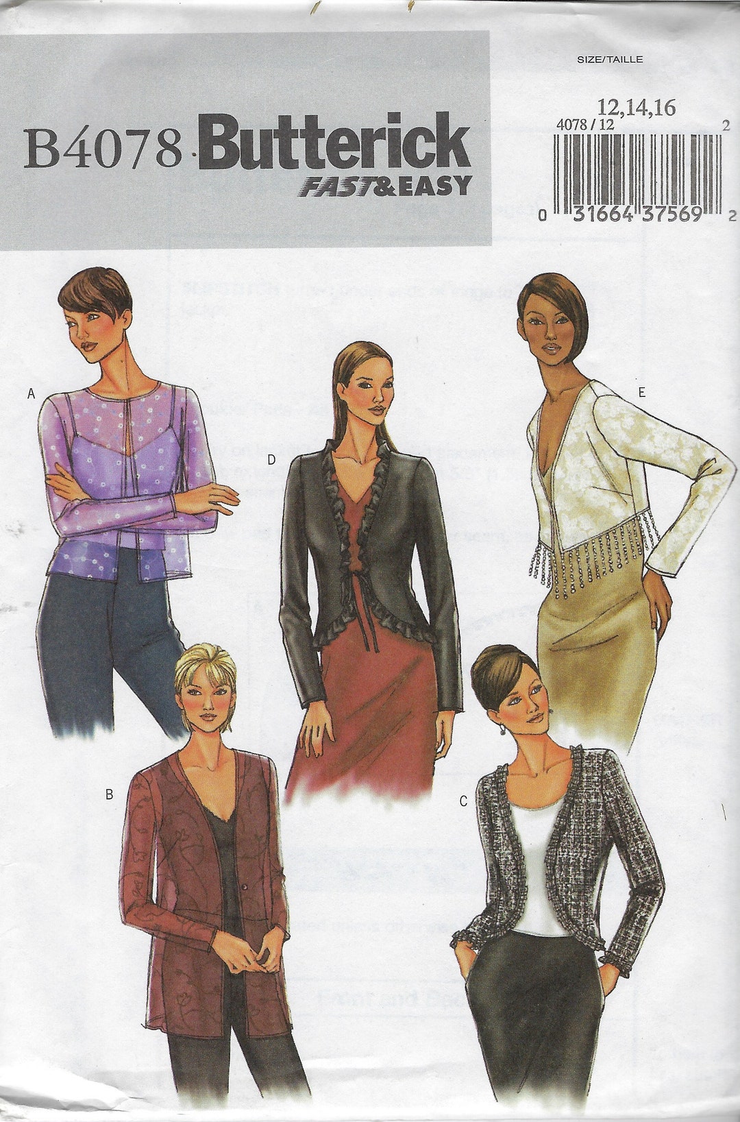 Uncut Butterick Sewing Pattern 4078 Very Easy Misses Jacket Size 6-8-10 ...