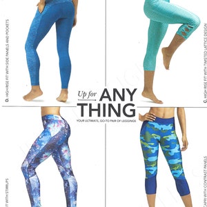 May include: A Simplicity sewing pattern for leggings with four different styles. The pattern includes a mid-rise fit with stirrups, a mid-rise capri with contrast panels, a high-rise fit with twisted lattice design, and a high-rise fit with side panels and pockets. The pattern is for sizes XS-XL.