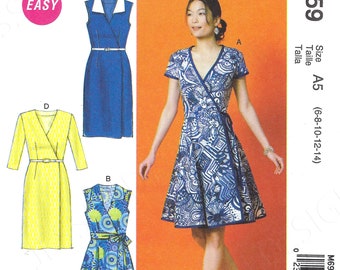 Uncut Mccalls sewing pattern 6959 Misses' Wrap Dress with Fitted Bodice Inside Tie with Hook and Eye Closing Sz 6-14 or 14-22 Factory Folded