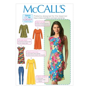 May include: A McCall's sewing pattern for a beginner featuring five different dress styles. The pattern includes instructions for attaching a neck band, sewing raglan sleeves, and machine stitching the hem. The dresses are shown in various colors and patterns, including floral, geometric, and solid colors.