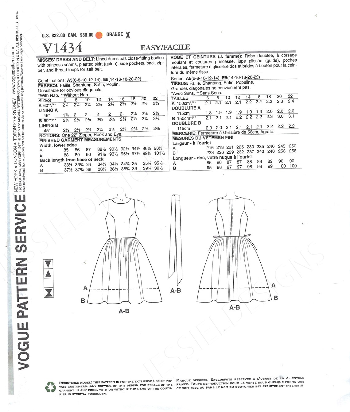 Uncut Vogue Sewing Pattern 1434 | Misses' Dress and Belt Size 6-14 14 ...