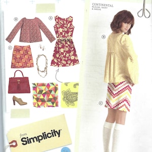 May include: A sewing pattern for a continental blouse, skirt, and dress. The pattern is from Simplicity and has the number 2059 on it. The pattern includes sizes 6, 8, 10, 12, and 14. The pattern is for European sizes 32-40 and French sizes 34-42.
