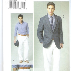 May include: Vogue Patterns men's sewing pattern V8719. The pattern features a man in a blue blazer, white trousers, and a button-down shirt. The pattern size is MXX (40-42-44-46).