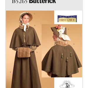 May include: A historical costume pattern by Butterick, featuring a long skirt, cape, and bonnet. The ensemble is a muted olive green with fur trim and decorative tassels. The bonnet is adorned with flowers and lace.