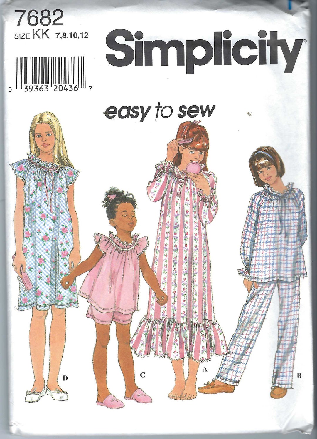 Uncut Vintage Simplicity Sewing Pattern 7682 Girls Child Pajamas Night ...