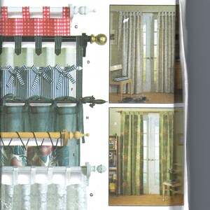 May include: Simplicity Home Decorating pattern featuring various curtain styles. Includes red gingham, blue striped, and floral designs. The image shows different curtain rod and tie-back options, offering a range of home decor ideas.