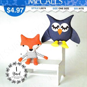May include: Sewing pattern for a blue owl and a red fox plush toy. The pattern is called "It's Sew Simple" and is from McCall's. The pattern number is L9574. The pattern is for one size and costs £4.97.
