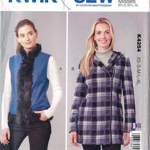 Uncut  Kwik Sew sewing pattern 4254 Womens Jackets and Vest Pattern, Hoodie, Fur Vest, Hooded Coat Pattern, Kwik Sew  Size XS S M L XL FF