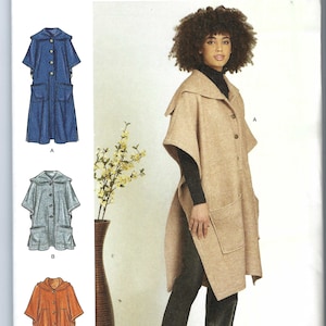 May include: Simplicity sewing pattern number S9649 for a long, collared coat with pockets. The pattern includes three variations: a blue denim coat, a light blue coat, and an orange coat. The pattern is for sizes S-XXL.