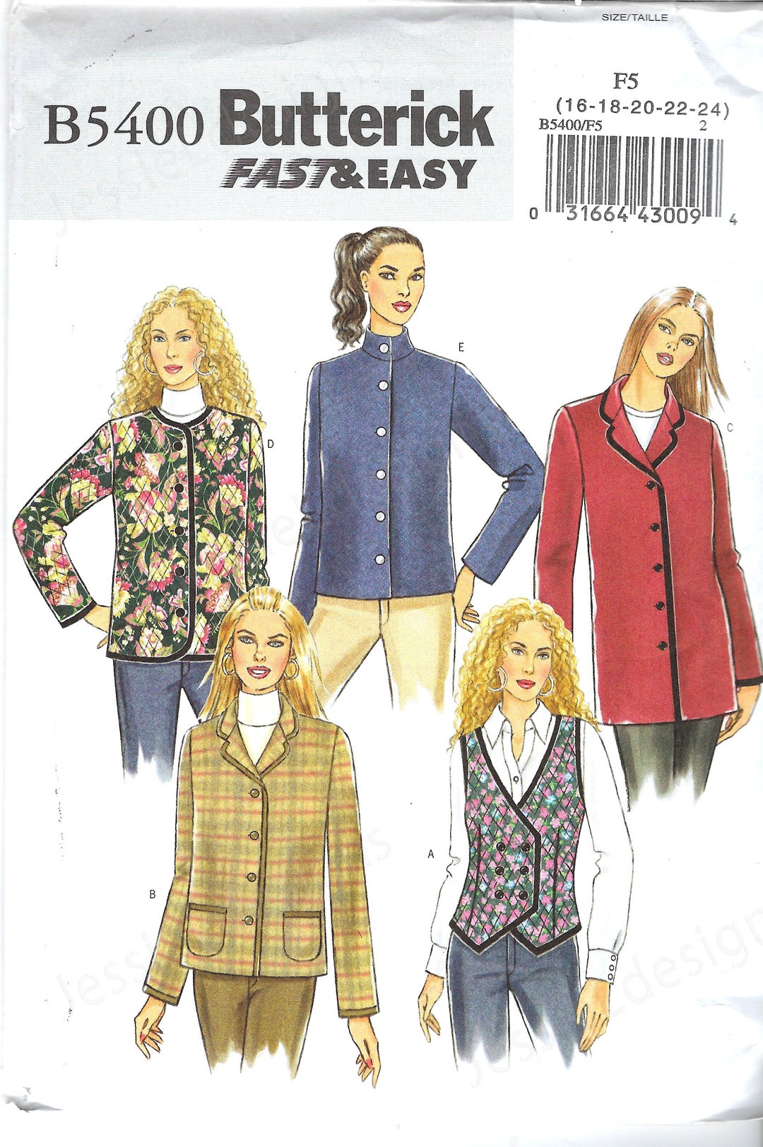 Uncut Butterick Sewing Pattern 5400 Fast & Easy Jackets and Vest Size 8 ...