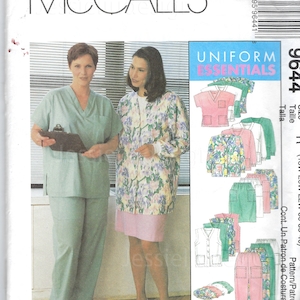 May include: A sewing pattern for a uniform with a floral print jacket, a solid green scrub top and trousers, and a pink scrub top and trousers. The pattern is for sizes 11-19 and includes petite-able sizes. The pattern also includes overlock/serger tips.