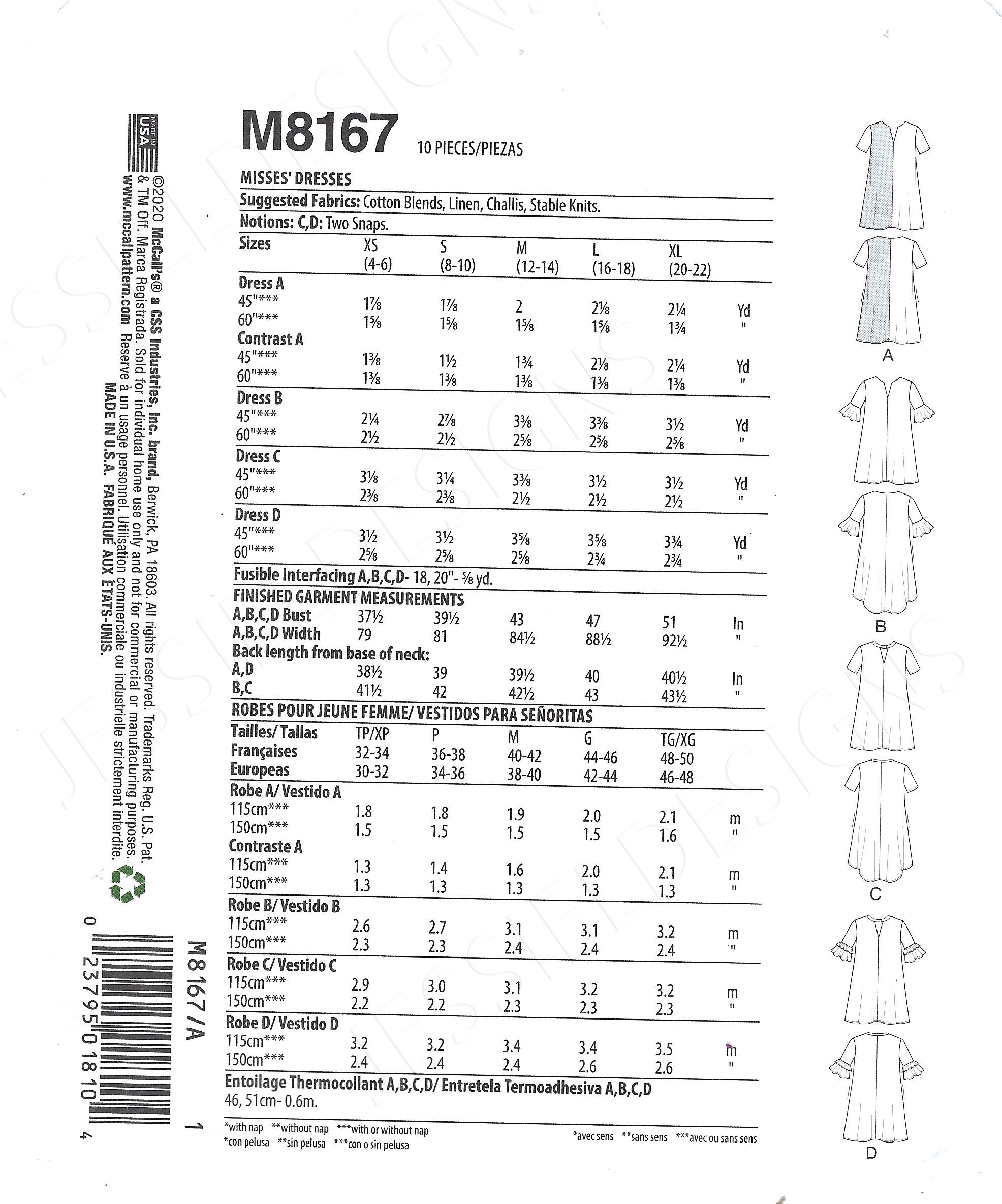 Uncut Mccalls Sewing Pattern 8167 Misses' Dresses Size XS-S-M-L-XL FF ...